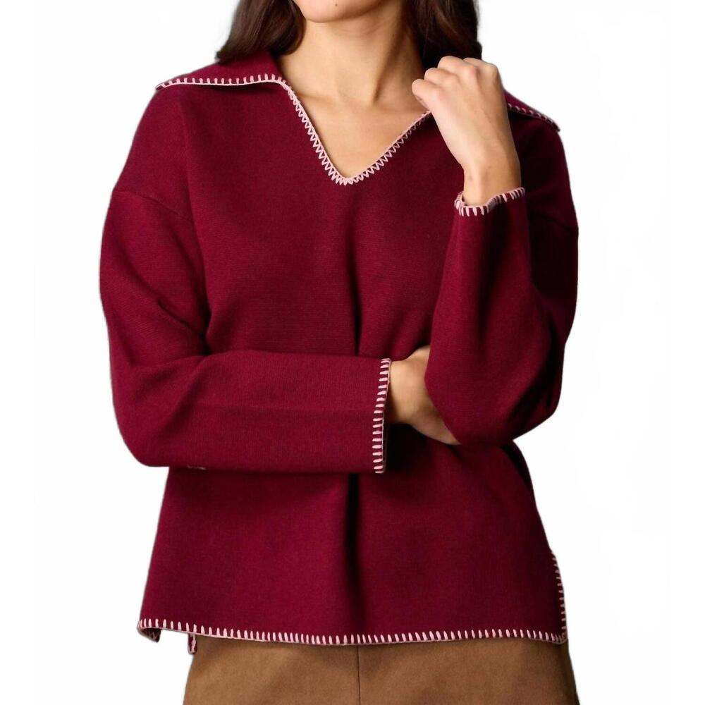 NEW BEFORE YOU blanket stitch v-neck sweater in red